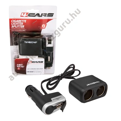 Szivargyújtó elosztó 2-es + USB 500mA. 4Cars