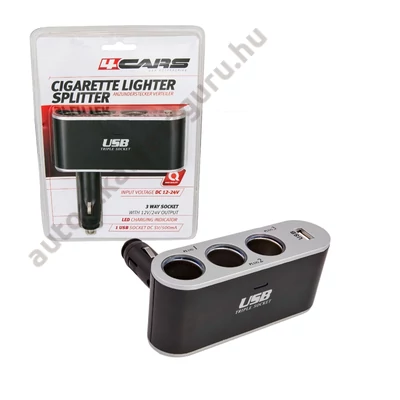 Szivargyújtó elosztó 3-as + USB 500mA  12/24V. 4Cars